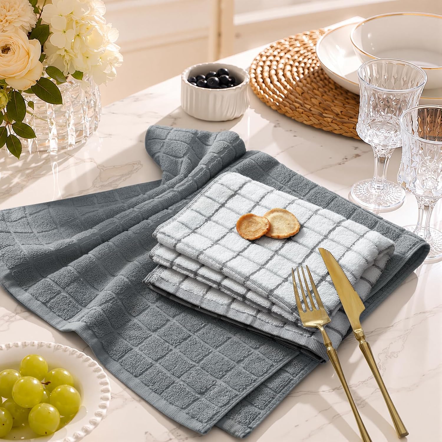 Premium Kitchen Towels (16"x 28", 6 Pack), Large 100% Cotton Terry 390 GSM Kitchen Hand Towels, Ultra Absorbent Check