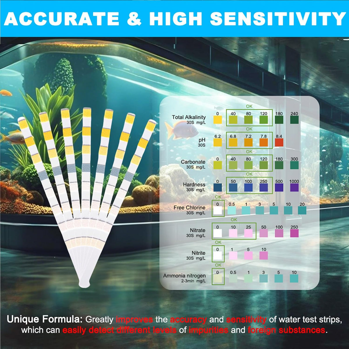 8 in 1 Aquarium Test Kit Fish Tank Test Strips Accurate Water Quality Testing Strips for Ammonia PH Total Alkalinity