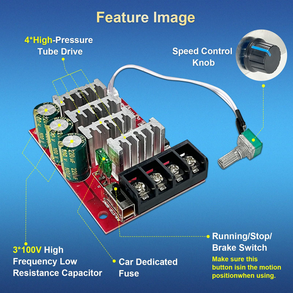 PWM Speed Controller 7-70V 30A for Brushed Electric Motors, Adjustable Variable Speed Module with Brake Switch, Dual Fuse Protection, Supports 12V 24V 48V Systems
