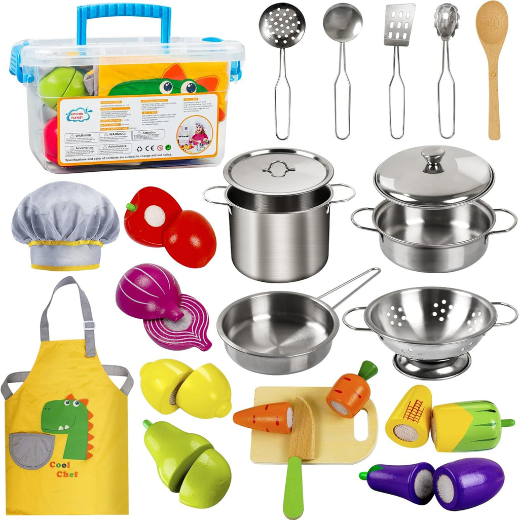 Play Kitchen Accessories, Wooden Play Food, Cooking Set with Stainless Steel Cookware Pots and Pans Utensils, Apron