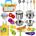 Play Kitchen Accessories, Wooden Play Food, Cooking Set with Stainless Steel Cookware Pots and Pans Utensils, Apron