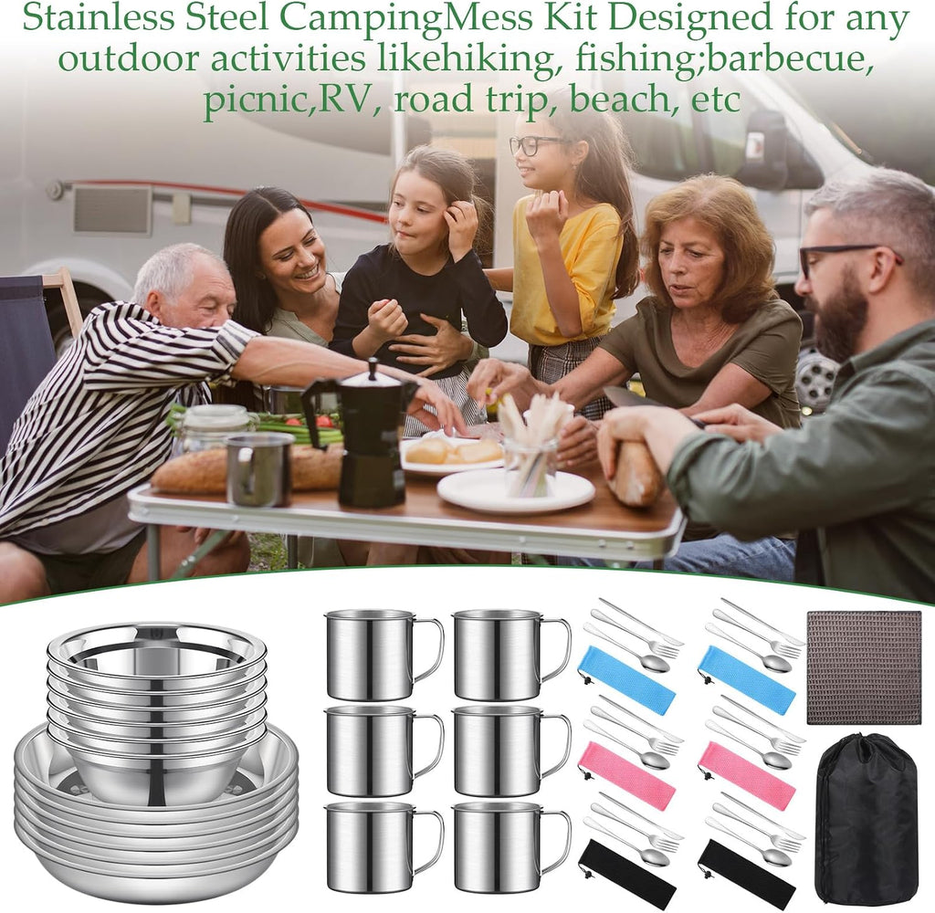 Outdoor Camping Cookware Mess Kit Polished Stainless Steel Dishes Camping Utensils Portable Tableware with Plates
