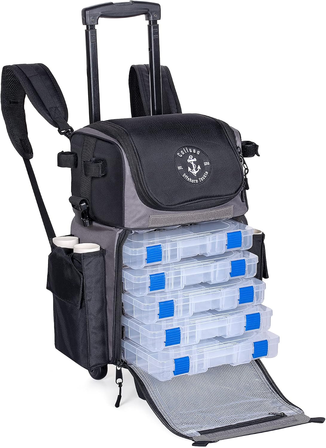 'Recon' Rolling Fishing Backpack, Tackle Box Storage Bag - Non-Corrosive Fishing Tackle Bag with (5X) 3650 Boxes