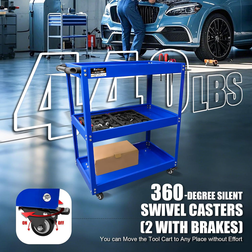 3-Tier Rolling Tool Cart, Thickened 440LBS Metal Mechanic Tool Cart on Wheels, Heavy Duty Rolling Carts with Wheels
