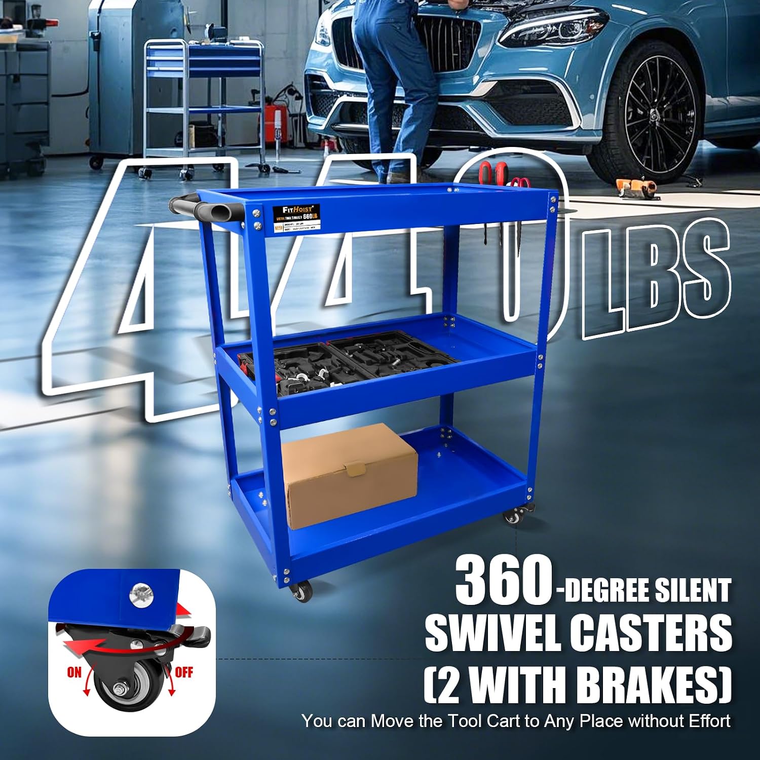 3-Tier Rolling Tool Cart, Thickened 440LBS Metal Mechanic Tool Cart on Wheels, Heavy Duty Rolling Carts with Wheels