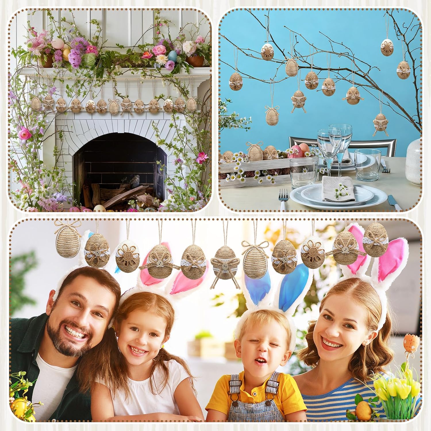 12 Pcs Farmhouse Burlap Easter Egg Ornaments Rustic Linen Rope Hanging Easter Eggs with Lace Wooden Button, Handmade