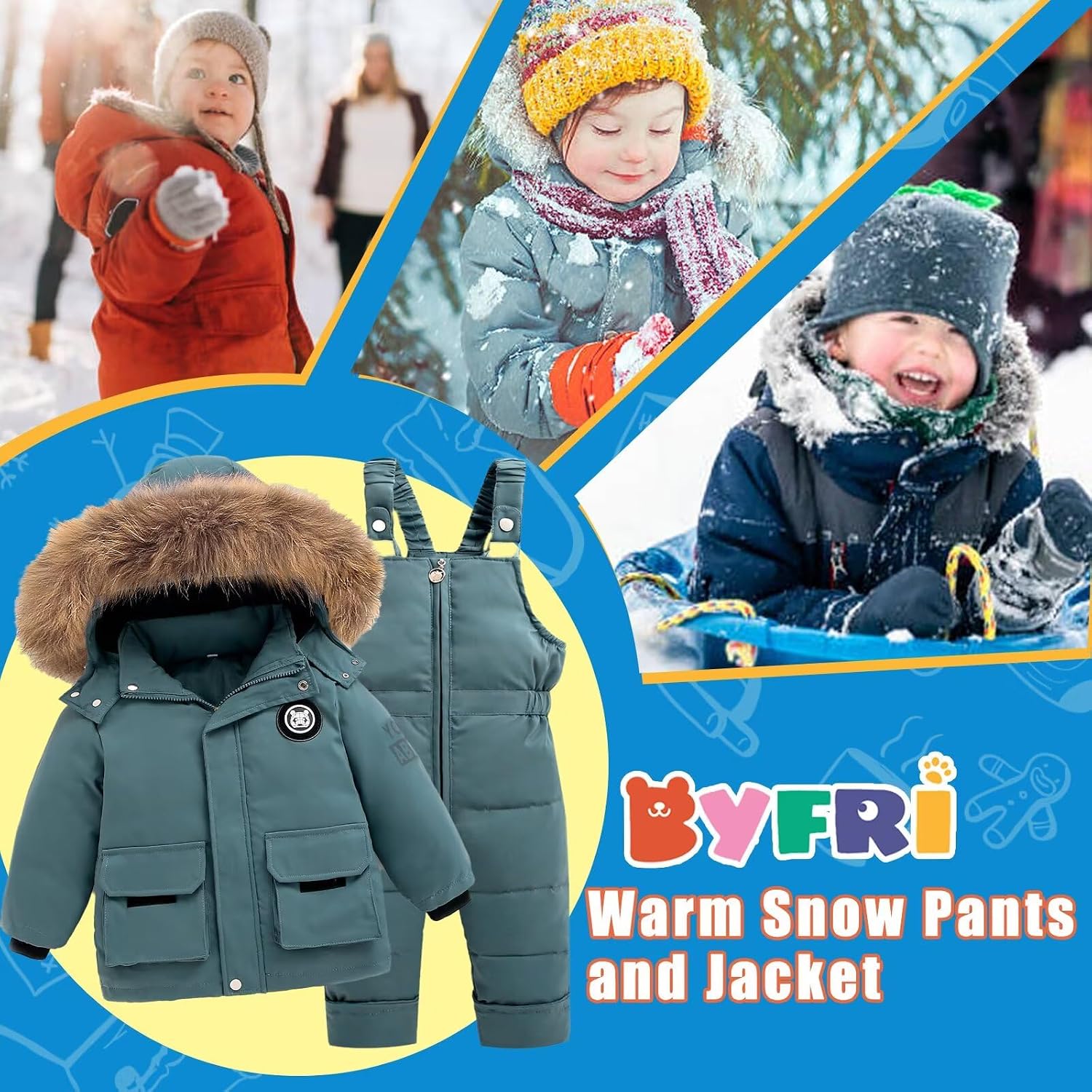 Toddler Snow Suits Boys Girls Hooded Down Jacket & Ski Bib Pants Set Baby Snowsuit Coat Infant Winter Jumpsuit 18M-4T