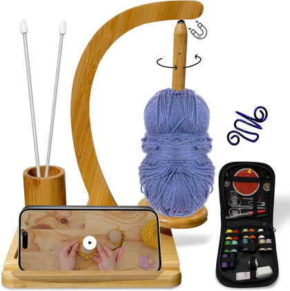Wooden Yarn Holder with Sewing Kit & Crochet Ring – Portable Yarn Spinner for Crocheting, Knitting & Yarn