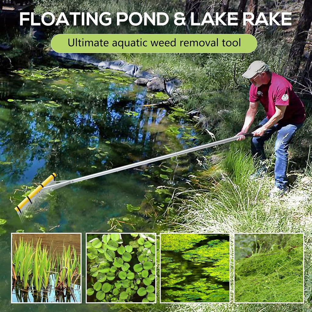 Floating Lake Rake, 36" Aluminum All Purpose Lake and Landscape Rake with 102'' Extension Handle and 52Ft Rope, Weed