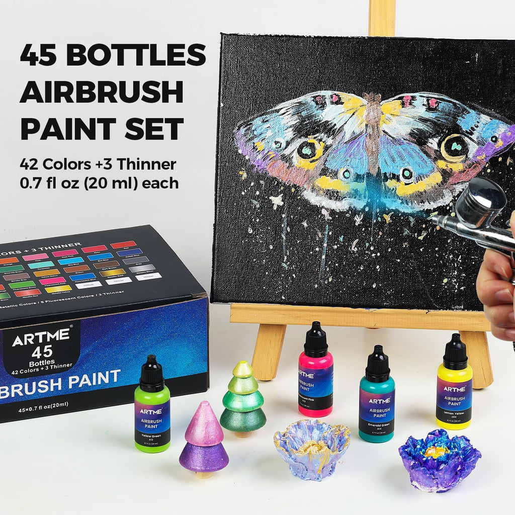 Airbrush Paint, ARTME 42 Colors with 3 Thinner, Ready to Spray, Opaque & Water Based Acrylic Airbrush Paint Set