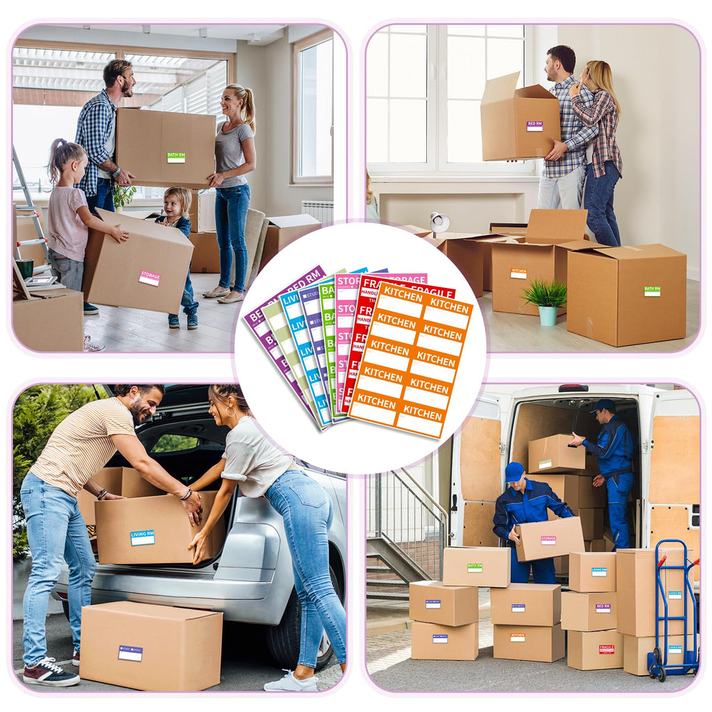 340 Home Moving Labels, 3.4 x 2 inches, 8-Color Coded Packing Box Stickers with Fragile and Blank Customizable Labels