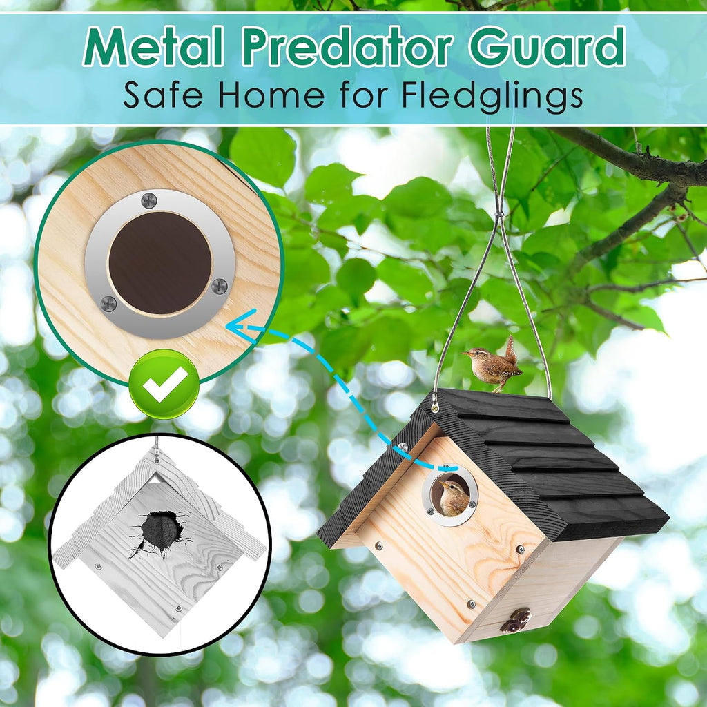 4 Pack Wren House, 1-1/8'' Entrance Hole Hanging Wooden Wren Bird Houses for Outside with Metal Guard, Air Vents