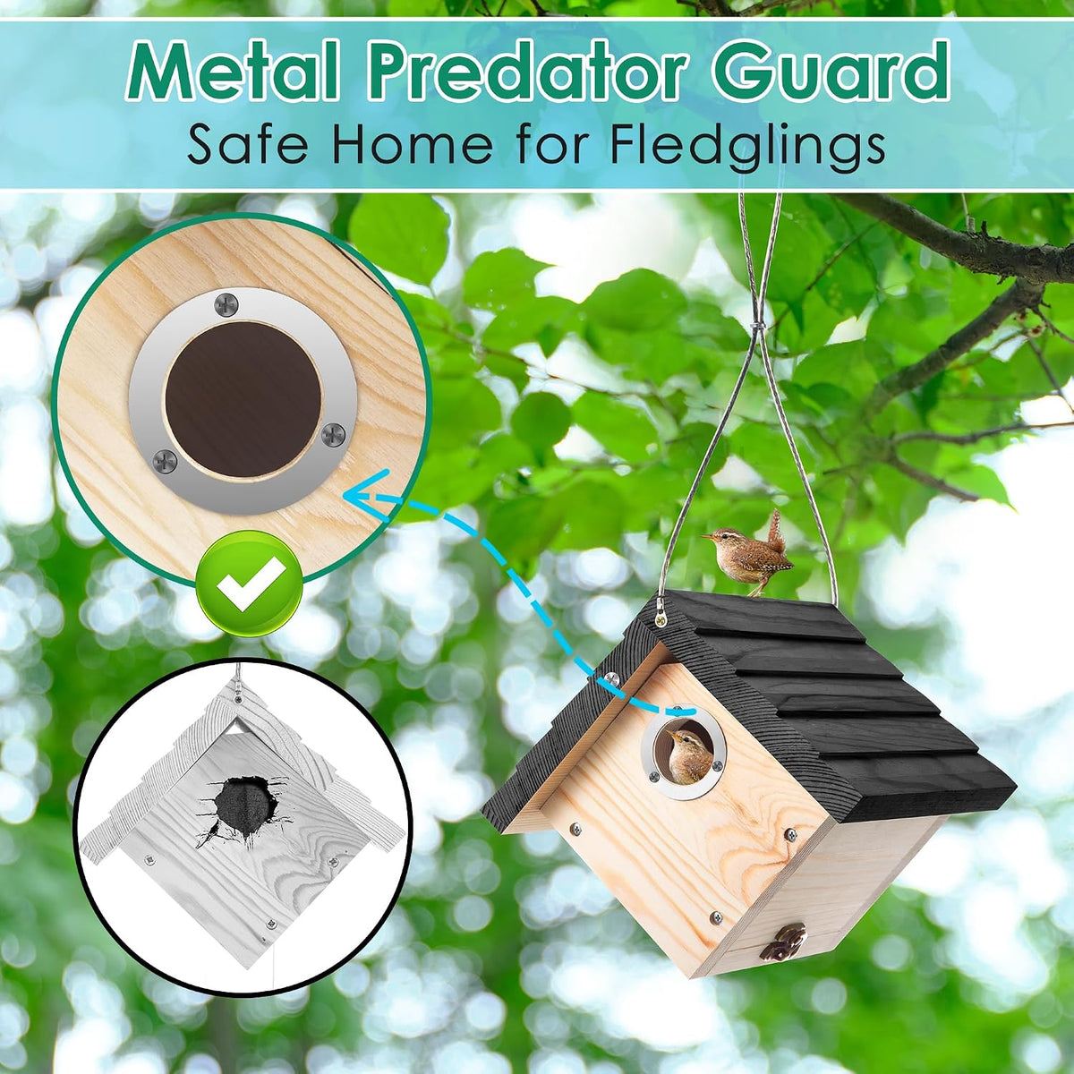 4 Pack Wren House, 1-1/8'' Entrance Hole Hanging Wooden Wren Bird Houses for Outside with Metal Guard, Air Vents