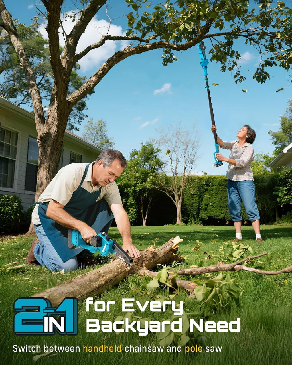 2-in-1 Electric Pole Saws for Tree Trimming | Cordless Mini Chain Saw 6-Inch with Extension Pole for Pruning, Wood
