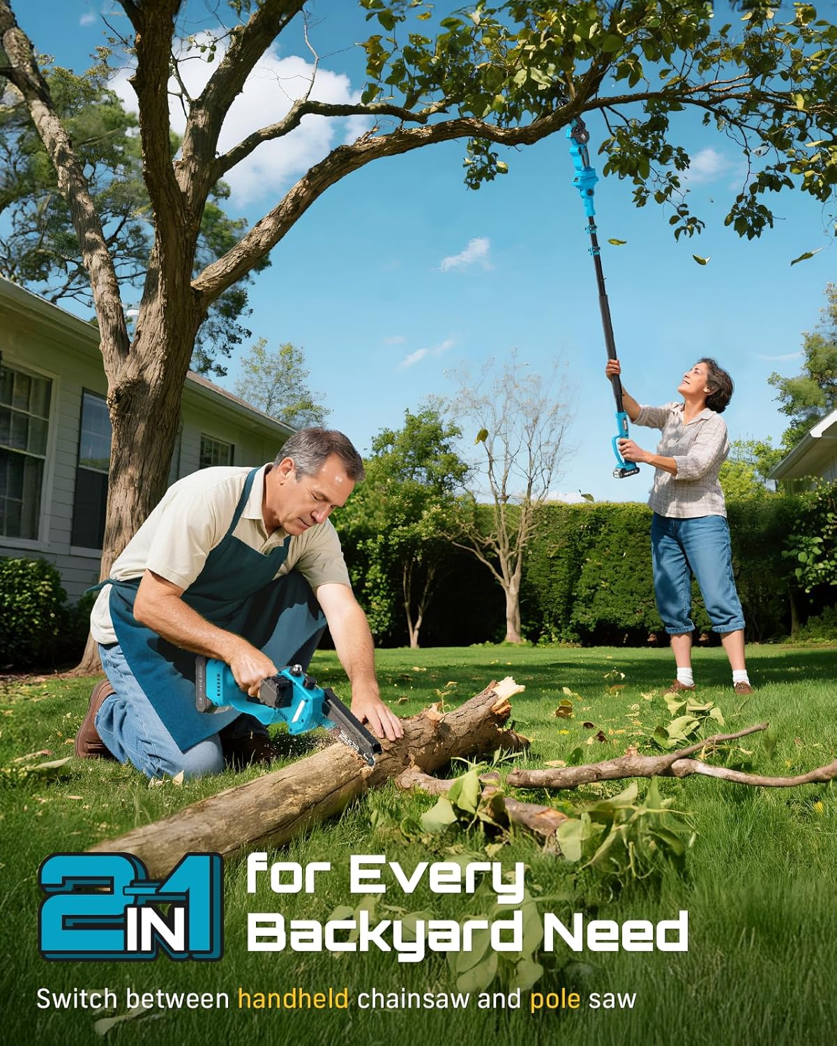 2-in-1 Electric Pole Saws for Tree Trimming | Cordless Mini Chain Saw 6-Inch with Extension Pole for Pruning, Wood