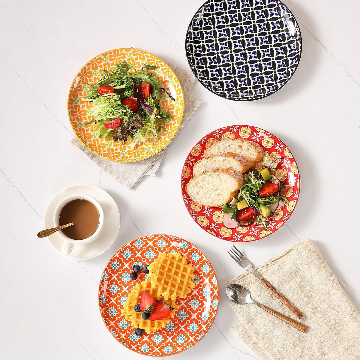 Ceramic Salad Plates Set of 6, 8 Inch Colorful Dessert Plates