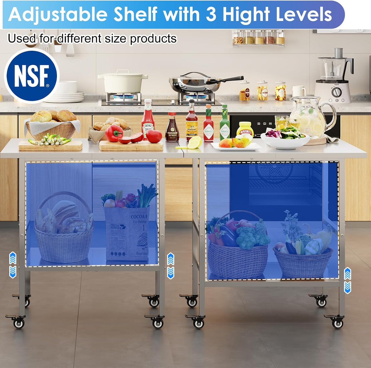NSF Stainless Steel Prep Table with Wheels, Commercial Worktable with 4 Casters & Brakes & Adjustable Undershelf