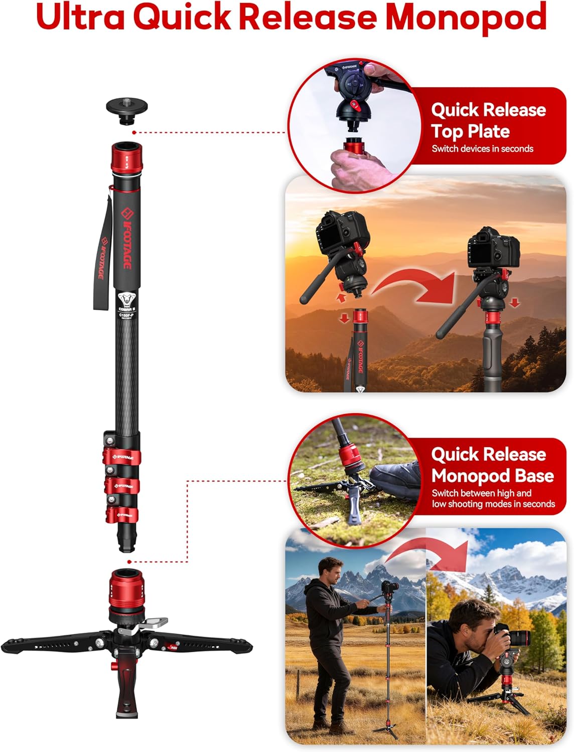Cobra 3 C180F-P Carbon Fiber Camera Monopod 71" | Travel Monopod with Feet, 1/4" & 3/8" Quick Release Compatible with