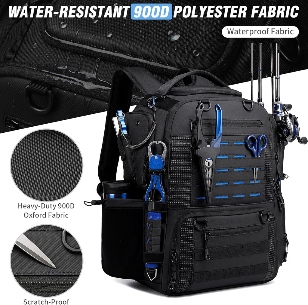 Fishing Tackle Backpack with Tackle Boxes, Two Rod Holders, Bottle Holder, 50L Waterproof Tackle Bag for Fishing