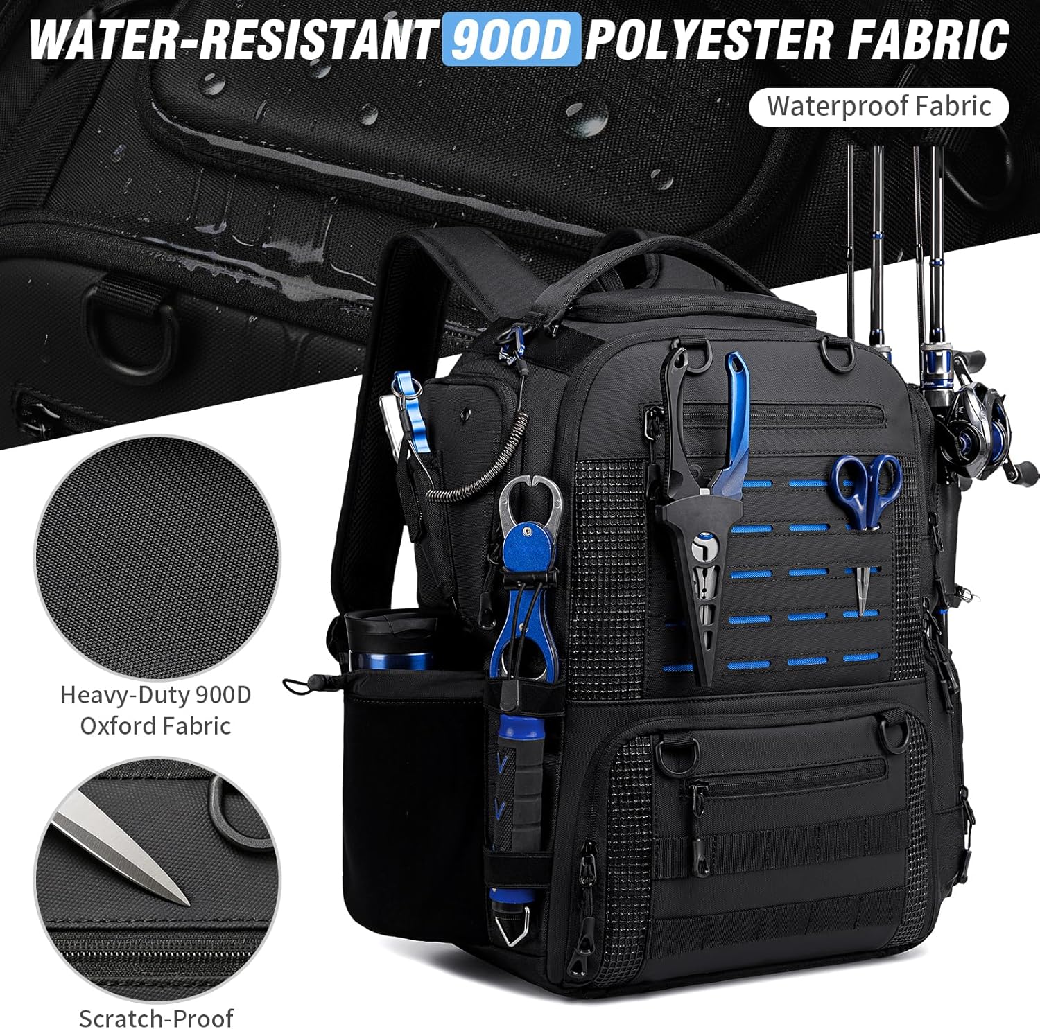 Fishing Tackle Backpack with Tackle Boxes, Two Rod Holders, Bottle Holder, 50L Waterproof Tackle Bag for Fishing