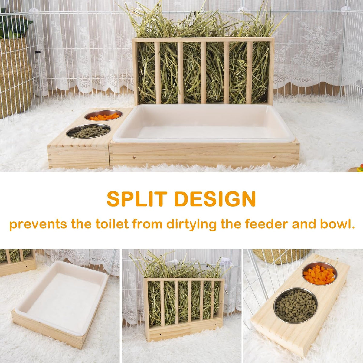 3 in 1 Rabbit Hay Feeder with Litter Box,Wooden Hay Feeder with 2 Bowls & Litter Box for Guinea Pig Chinchilla Bunny