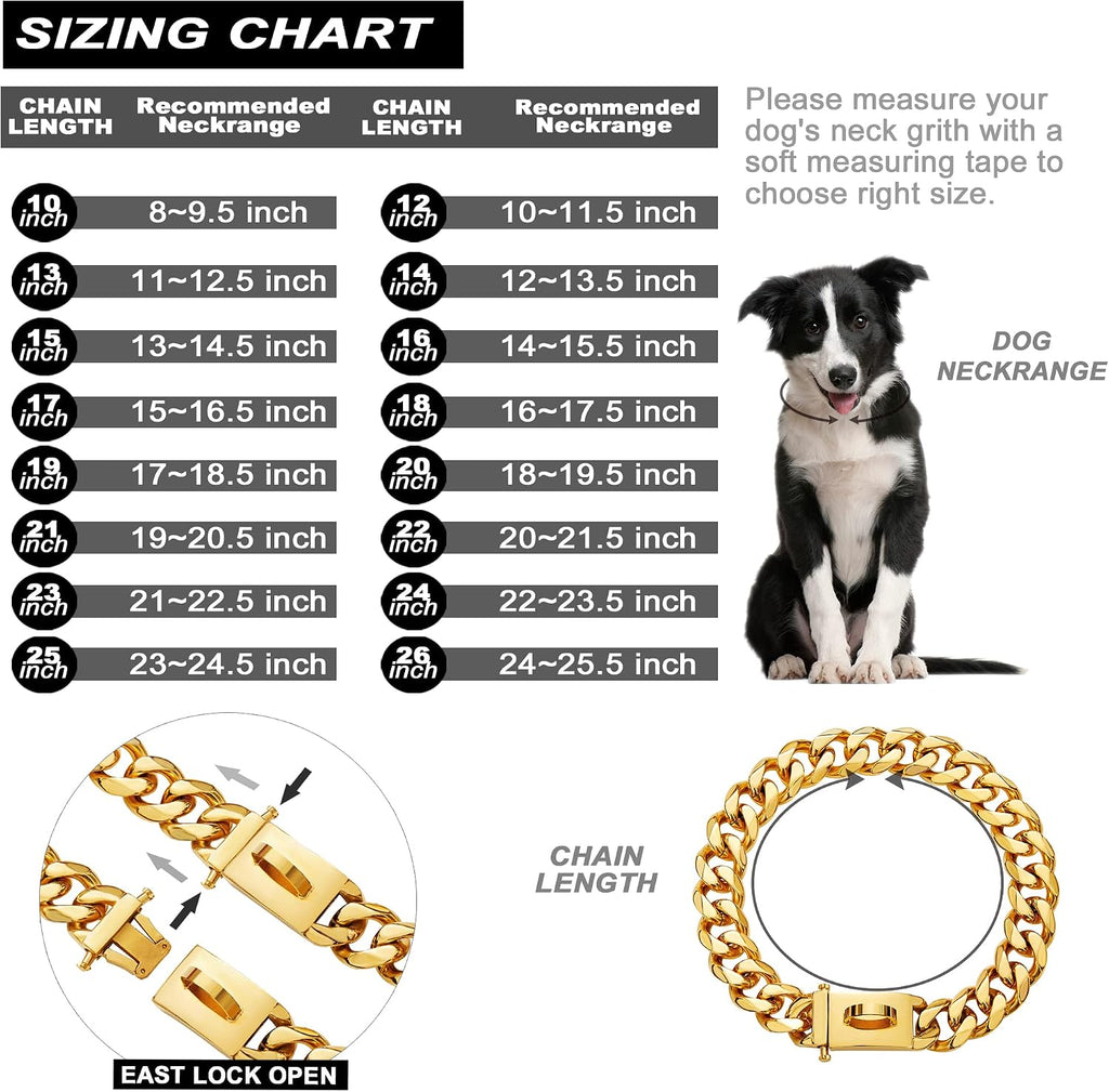 Gold Dog Chain Collar Walking Metal Chain Collar with Design Secure Buckle,18K Cuban Link Strong Heavy Duty Chew