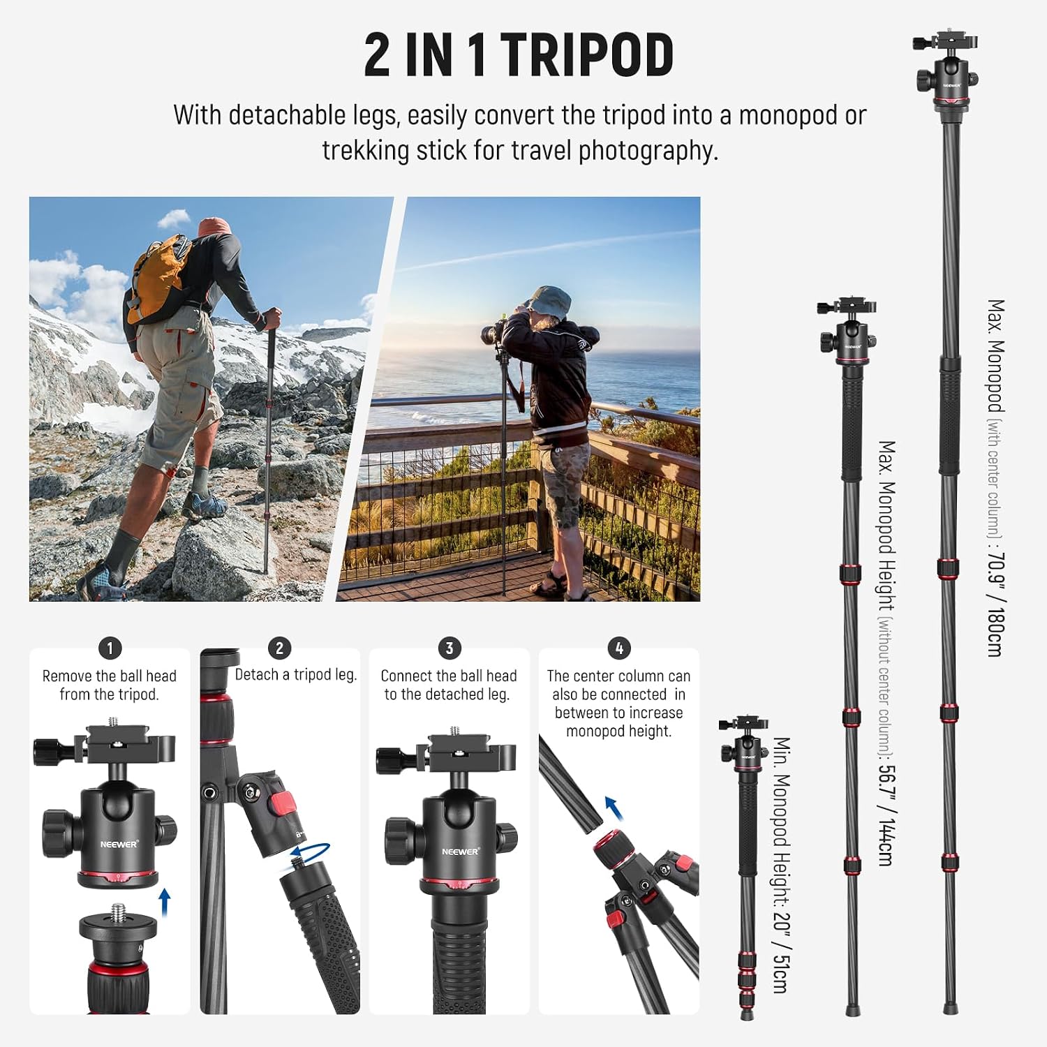 66"/168cm Carbon Fiber Camera Tripod with 360° Ball Head, N55C | Panorama, 1/4" Arca QR Plate, Portable Bag, Compact
