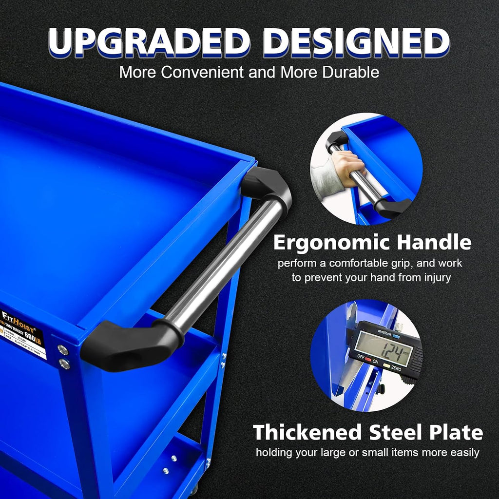 3-Tier Rolling Tool Cart, Thickened 440LBS Metal Mechanic Tool Cart on Wheels, Heavy Duty Rolling Carts with Wheels