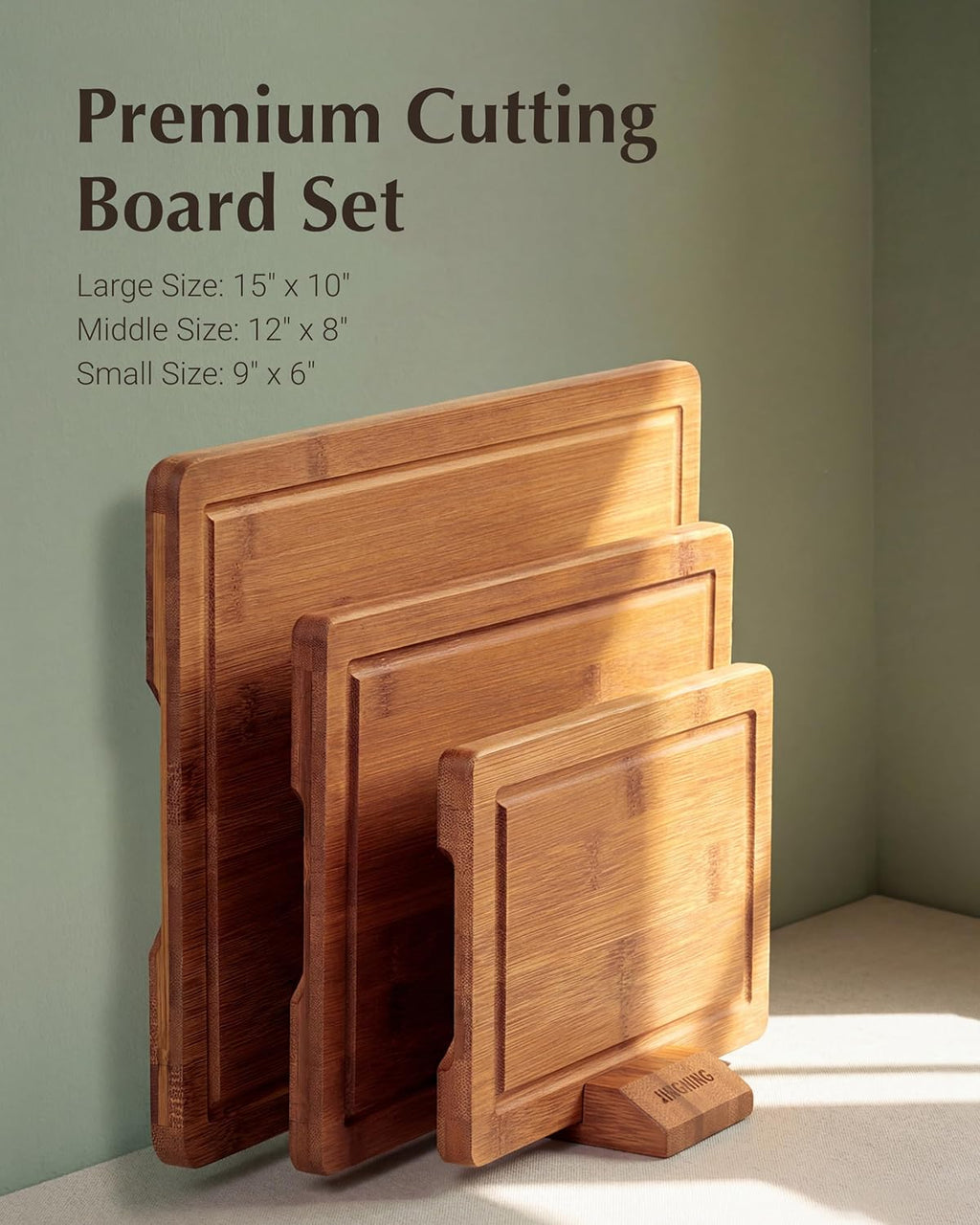 Deep-Carbonized Bamboo Cutting Board Set for Kitchen with Wood Storage Stand, Deep Juice Grooves, Easy-Grip Handles &