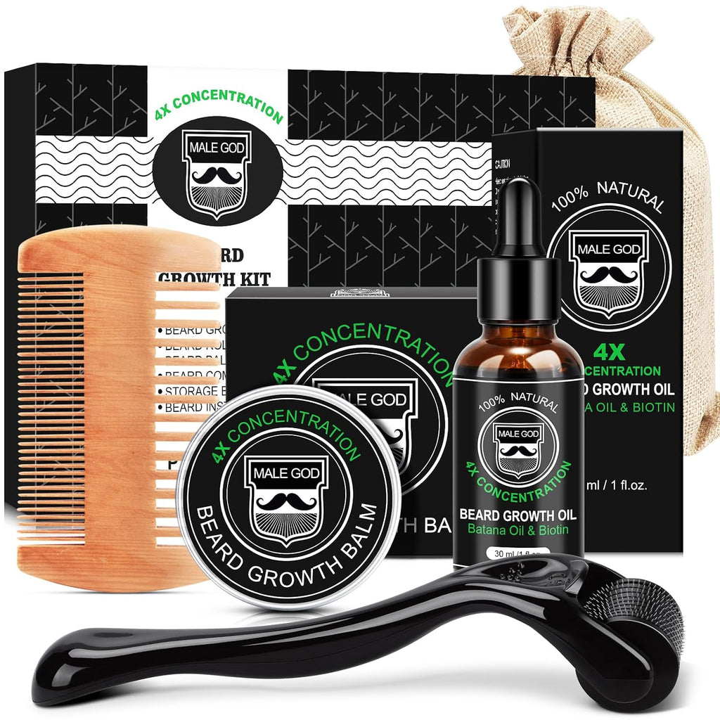 Beard Kit, Beard Growth Kit w/Natural Ingredients Beard Oil & Balm & Comb, Beard Growth Oil w/4X Thickening Biotin