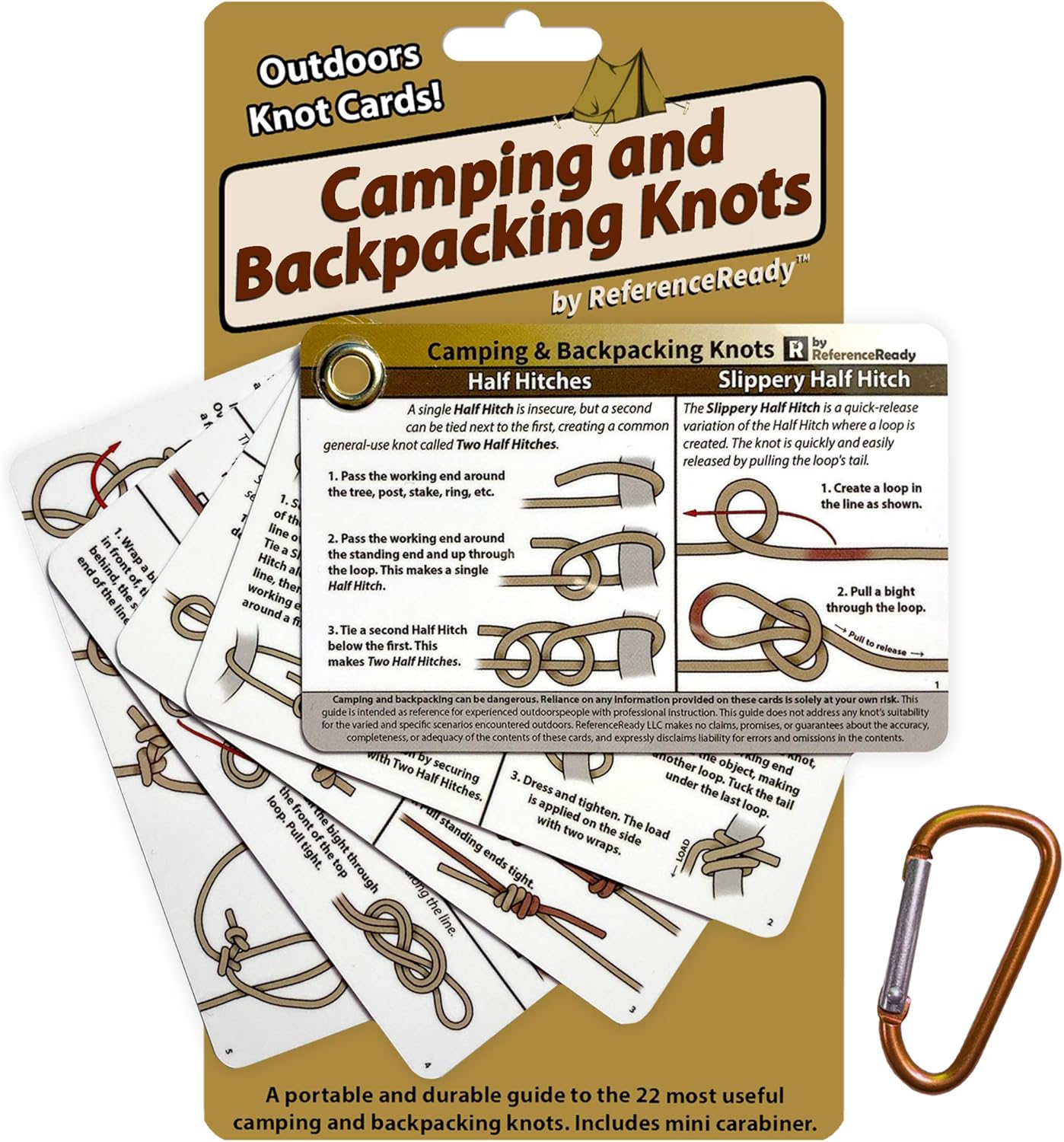 Outdoor Knot Cards: 22 Knots – Camping, Backpacking, Scouts | Waterproof pocket guide with mini carabiner for