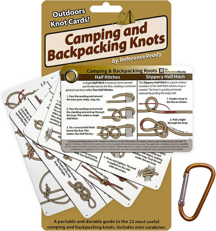 Outdoor Knot Cards: 22 Knots – Camping, Backpacking, Scouts | Waterproof pocket guide with mini carabiner for