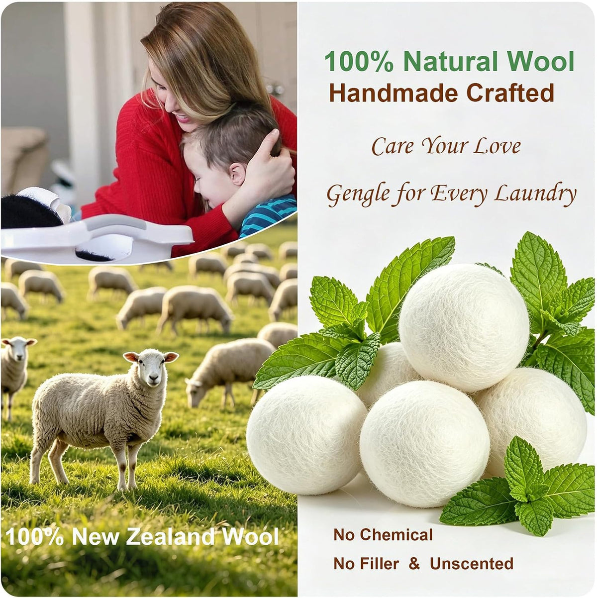 Wool Dryer Balls 6 Pack, 100% New Zealand Wool to Core