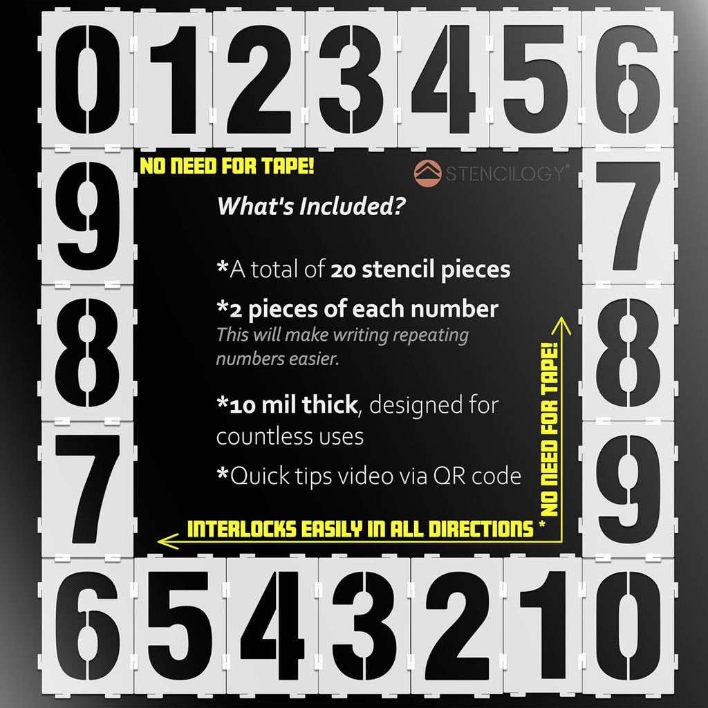 Interlocking Number Stencil Set – 20 Reusable Pieces for Numbers 0–9 – Durable 10 Mil Plastic – for Wood, Walls