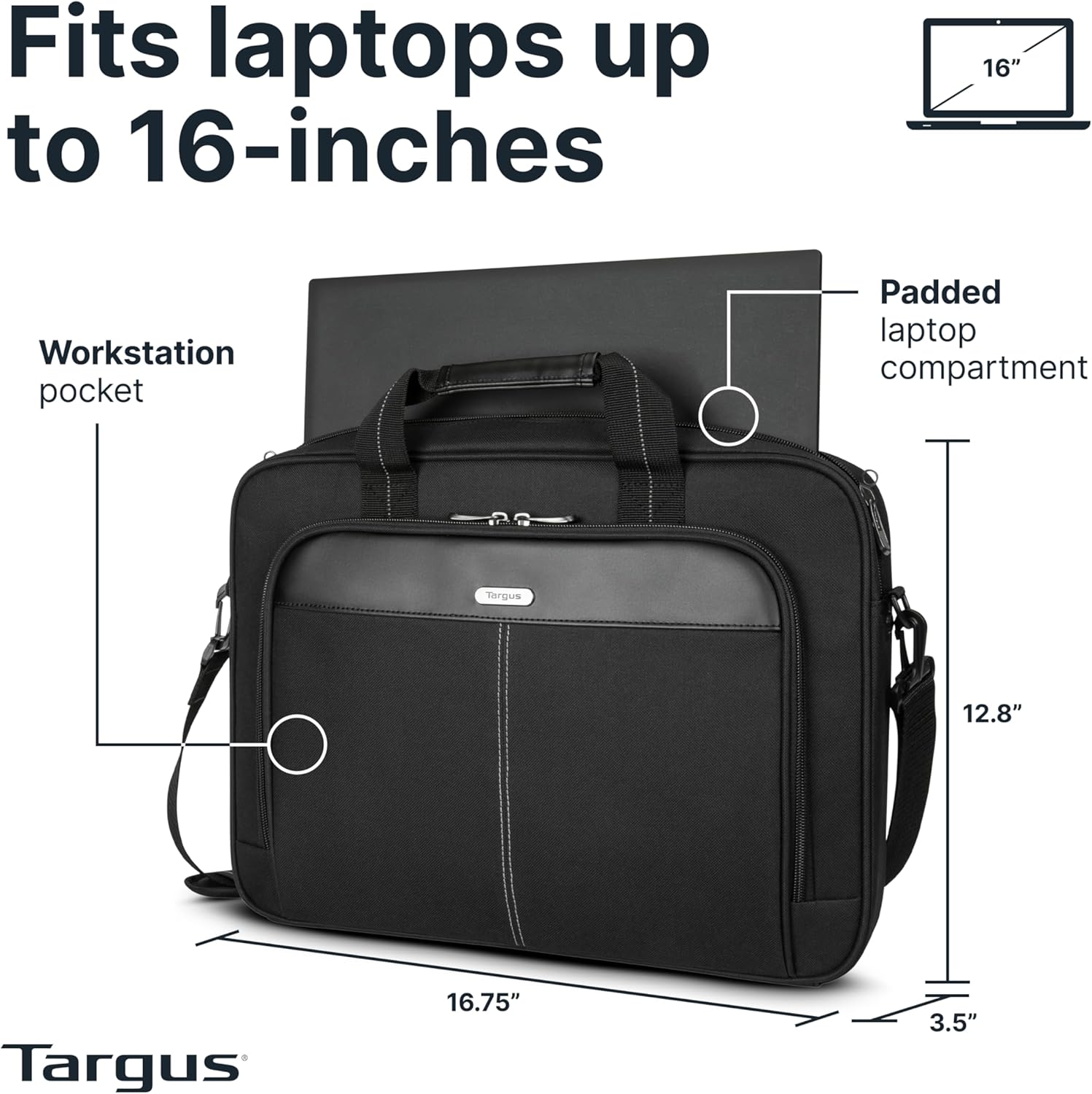 15-16 Inch Slim Lightweight Laptop Briefcase, Black - Messenger and Shoulder Bag with Padded Compartment and Trolley