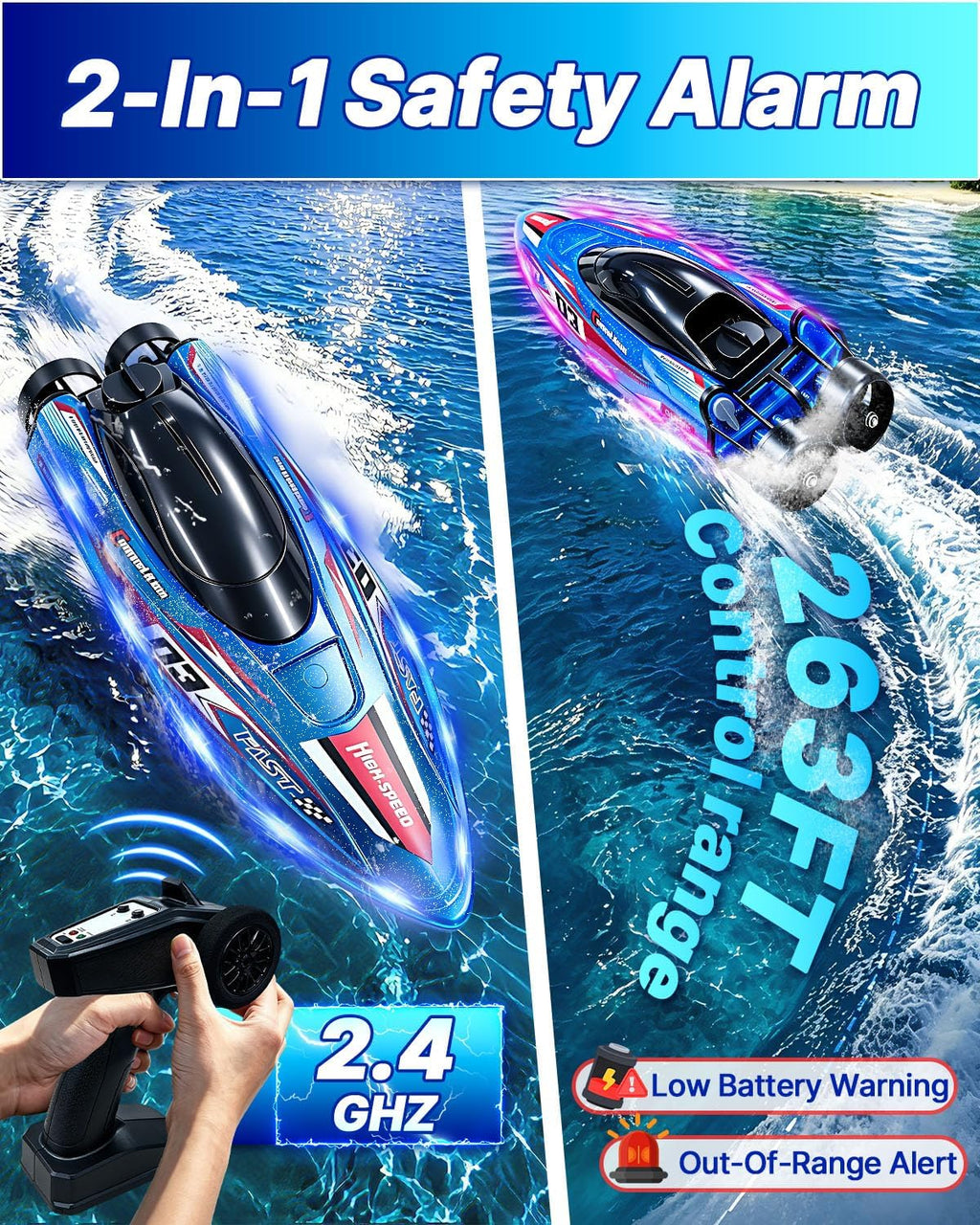 Remote Control Boat for Kids, 25 MPH Brushless RC Boat Fast Speed | LED Light, 2 Batteries, Self-righting, 2 Speeds