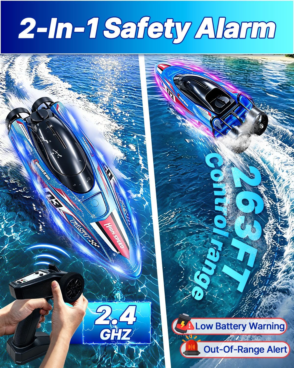 Remote Control Boat for Kids, 25 MPH Brushless RC Boat Fast Speed | LED Light, 2 Batteries, Self-righting, 2 Speeds