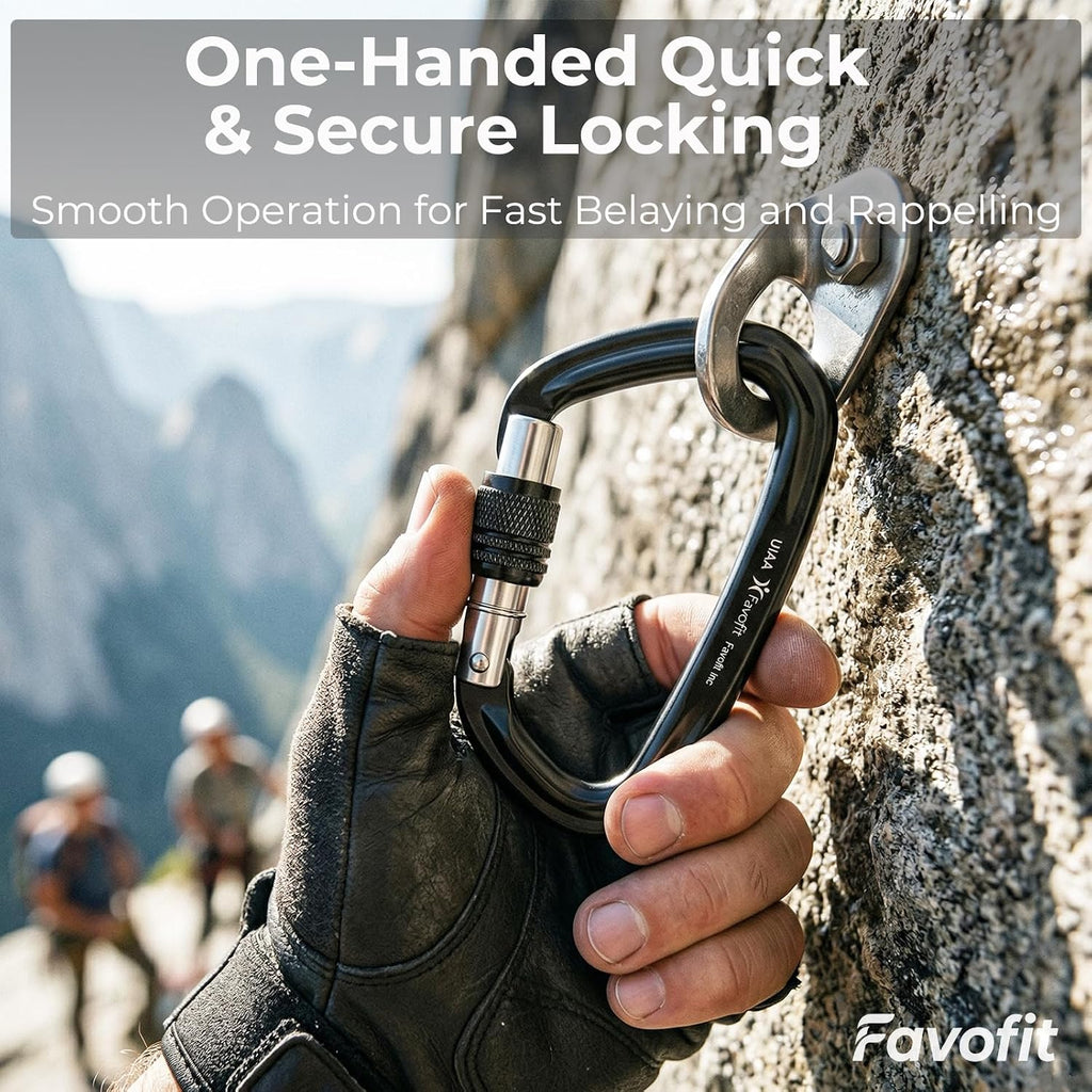 Locking Climbing Carabiner Heavy Duty: Favofit UIAA Certified 42kn (9441 lbs) Safety Caribeaner Clips - Large