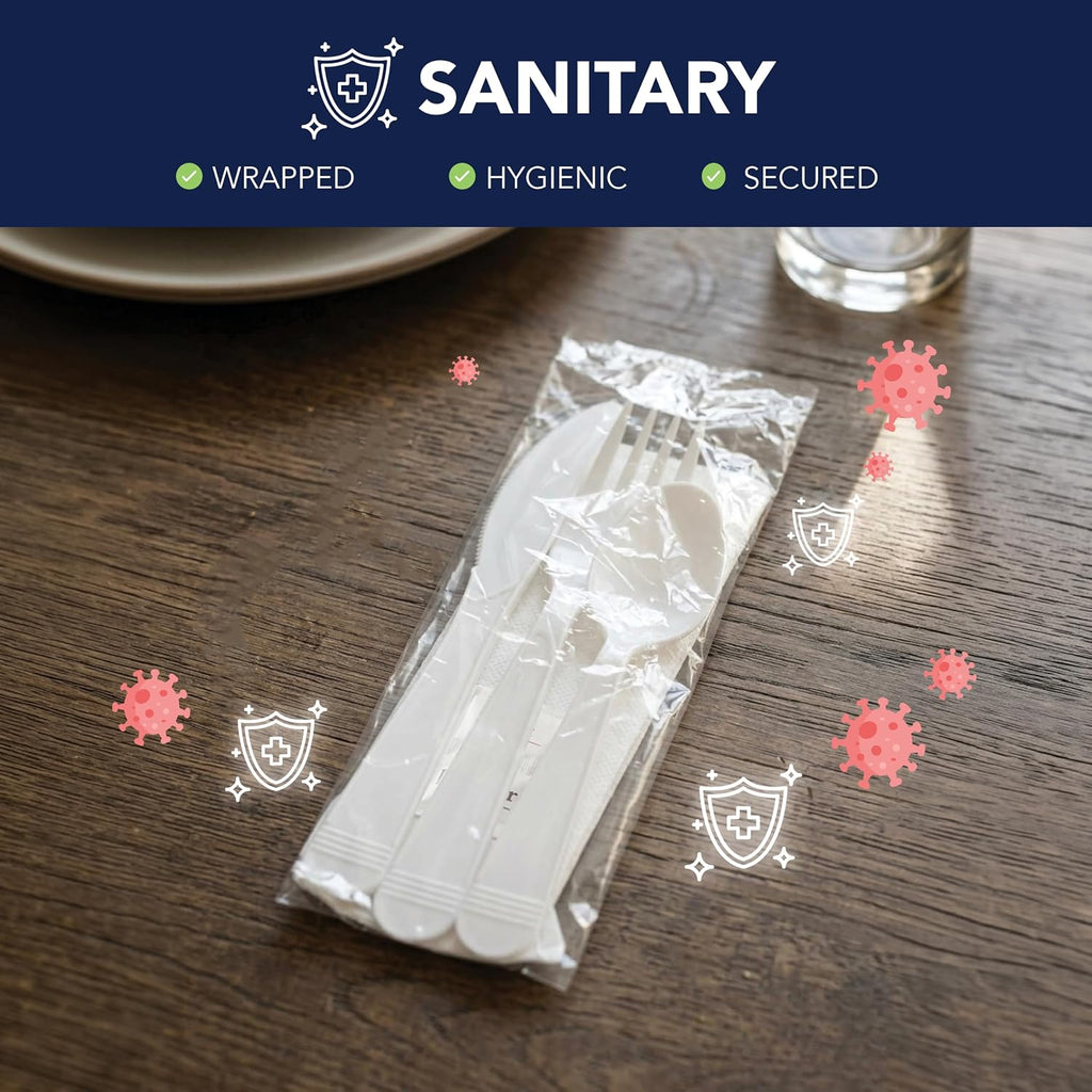 Individually Wrapped Plastic Cutlery Packets/Heavy Duty Silverware Kits, Fork/Spoon/Knife/Napkin/Salt/Pepper, 50