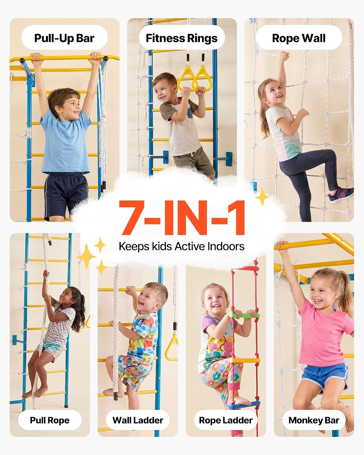 Indoor Jungle Gym for Toddlers, 7-in-1 Climbing Playset with Carbon Steel Swedish Ladder, Wall Ladder, Pull-Up Bar