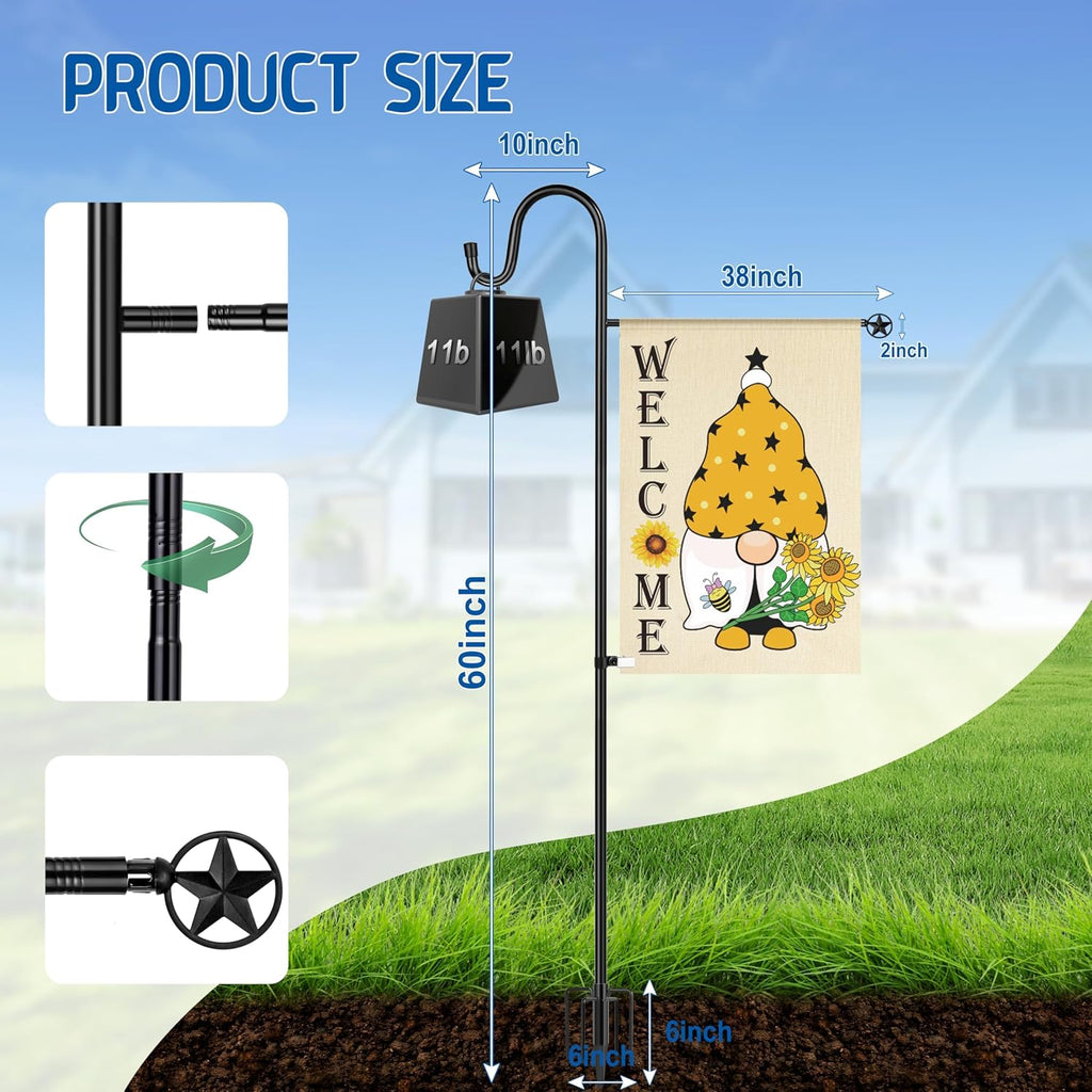 Garden Flag Stand, Heavy Duty Flag Pole Holder with Shepherd Hook for Yard Decoration, 60 INCH Sturdy Yard Flag Post