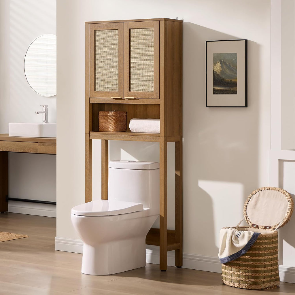 Over the Toilet Storage Cabinet, Rattan Door Bathroom Organizer | Freestanding Bathroom Organizer with Adjustable