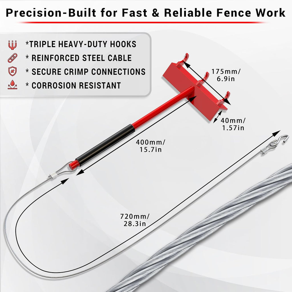 Chain Link Fence Top Rail Tensioner Tool, Heavy-Duty Steel Stretcher with 3 Hooks & 28" Cable Hook, 300 lbs Pull