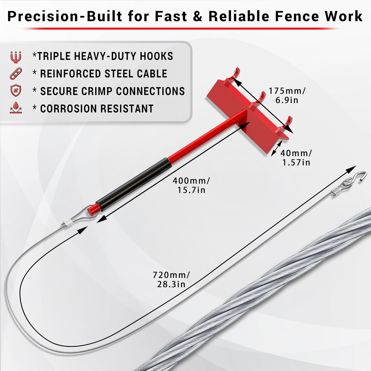 Chain Link Fence Top Rail Tensioner Tool, Heavy-Duty Steel Stretcher with 3 Hooks & 28" Cable Hook, 300 lbs Pull