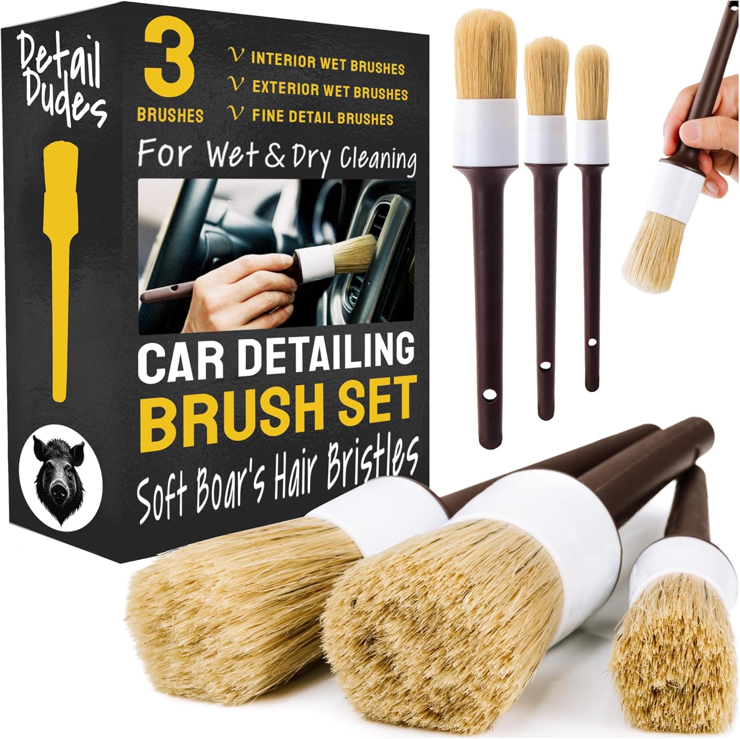 Car Detailing Brush Set 3-Pack - Soft Boar Hair Interior & Exterior Detailing Kit - Car Interior Cleaning Brushes for