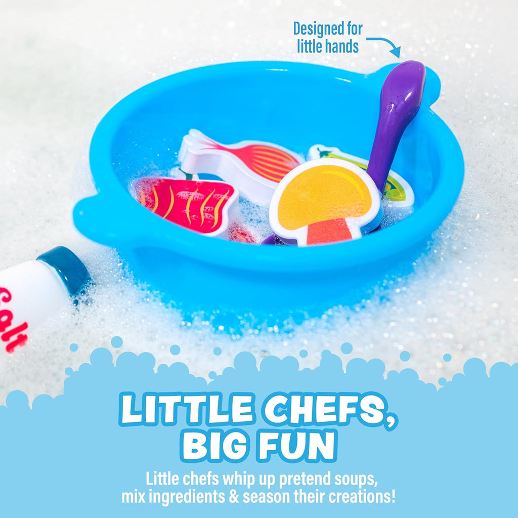 Tub Soup Scoop, Strain & Play Toddler Bath Toy | Floating Foam Veggies, Ladle for Scooping & Soup Pot for Straining |