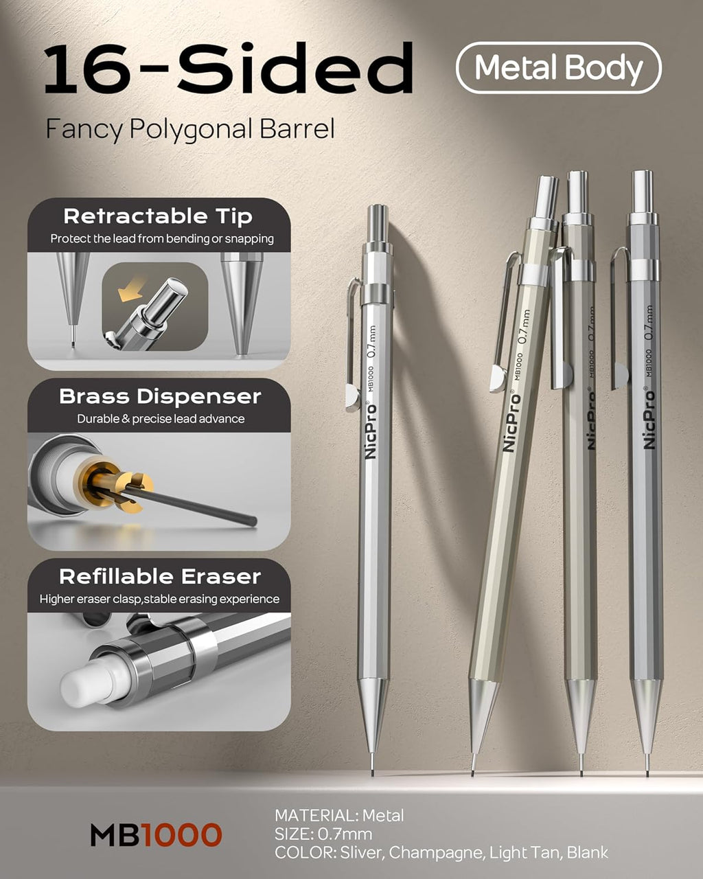 4 Pack Mechanical Pencil 0.7mm, MB1000 Metal Mechanical Pencil Set | 6 Tube HB #2 Lead Refill 0.7 mm, 3PCS 4B Eraser