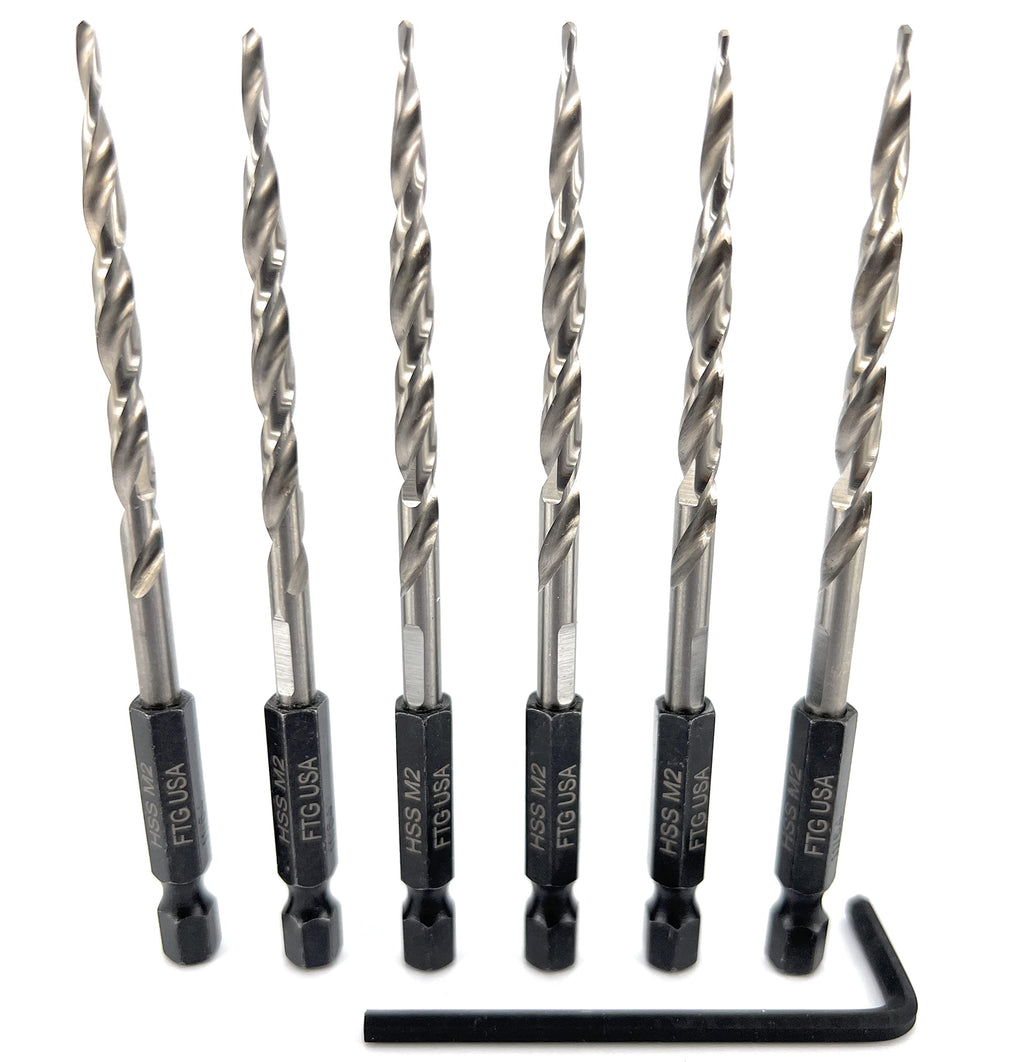FTG USA 6Pc #8 (11/64") Replacement Countersink Drill Bit Set Tapered Bits