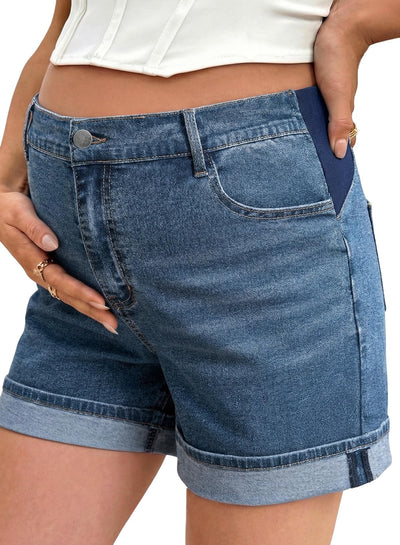 Women's Maternity Jean Shorts Fold Hem Denim Pants Pregnancy Adjustable Waist Summer Clothes with Pockets Bluing Medium