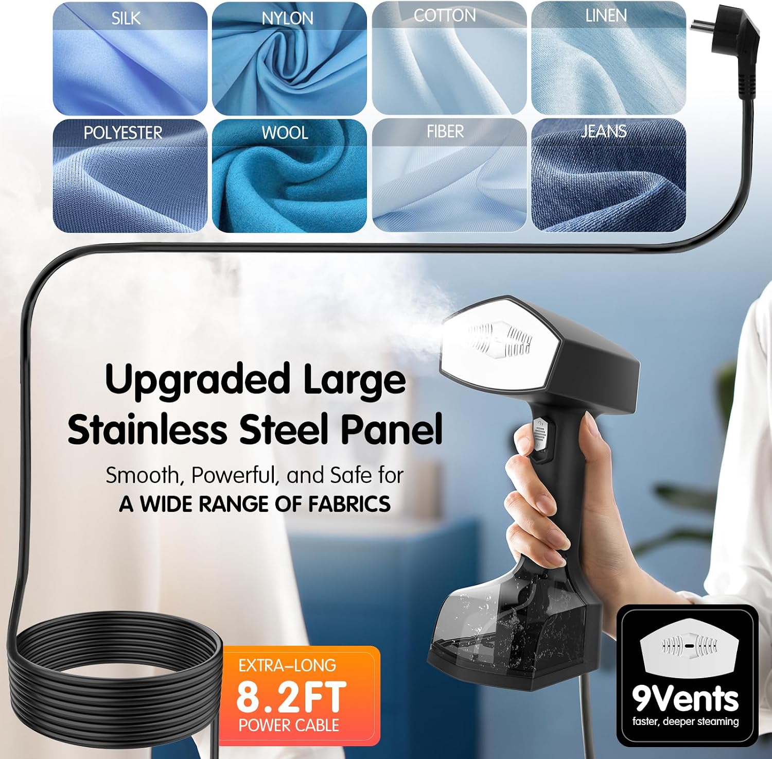 Handheld Garment Steamer for Clothes, 2000W, 10s Heat-Up, 350ml Tank | 40g/min steaming with 3 settings for delicate
